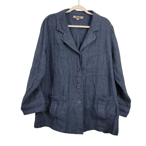 Flax 100% Linen Oversized Jacket Top Sz M Navy Blue Button Front Lightweight‎ - Picture 1 of 5